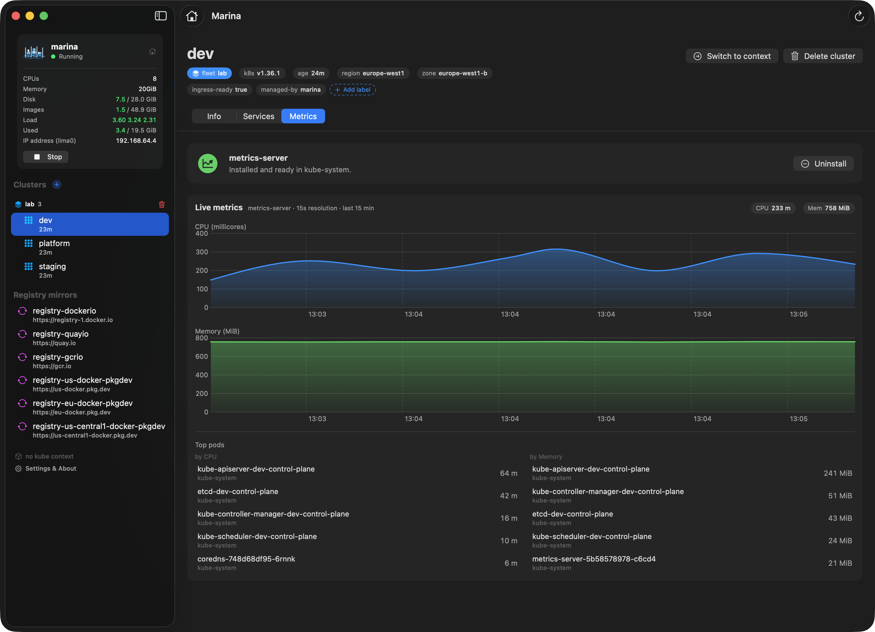 marina-ui cluster Metrics tab: live CPU and memory charts with top pods by CPU and memory