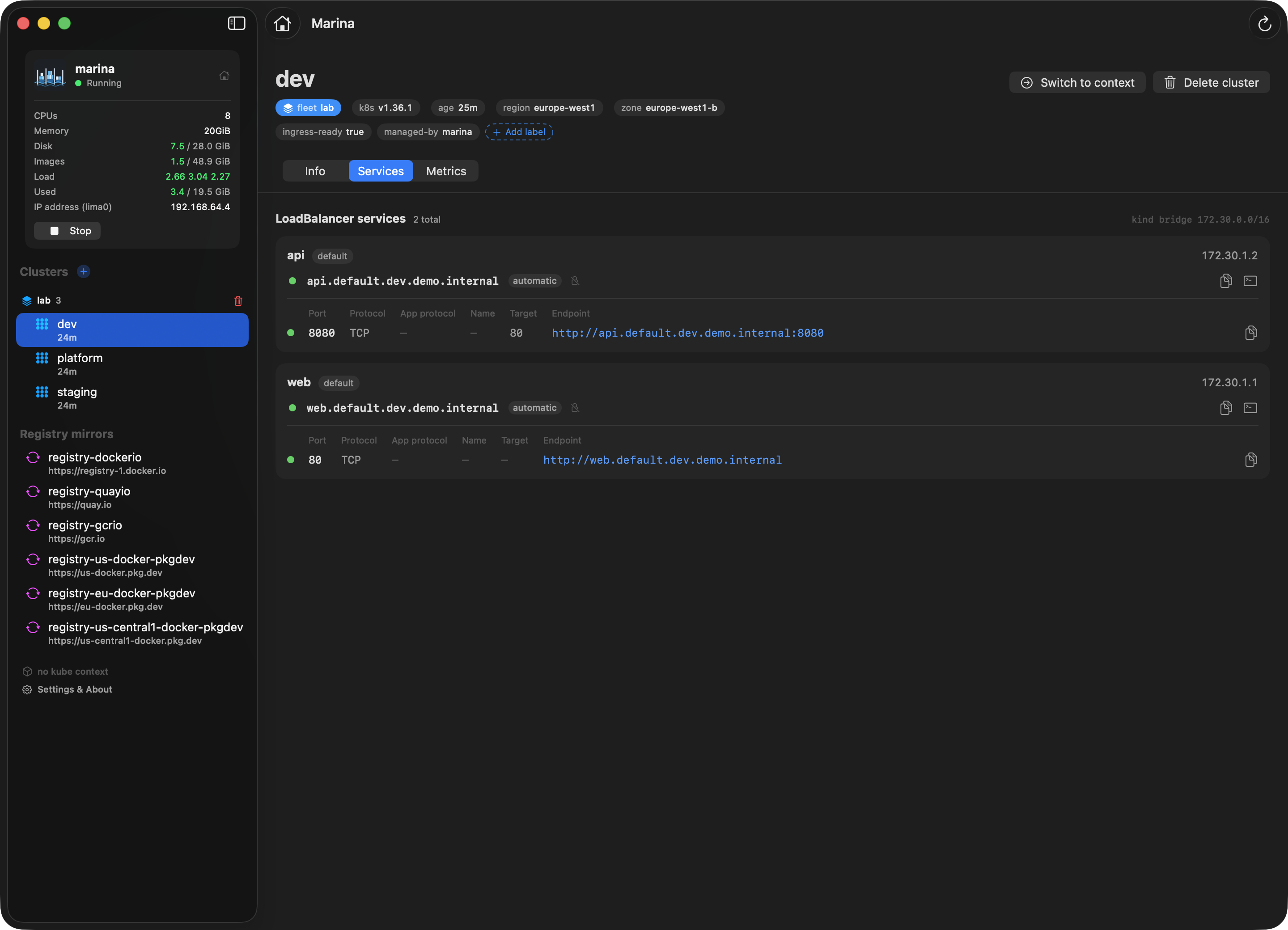 marina-ui cluster Services tab: LoadBalancer VIPs with their real, clickable IPs