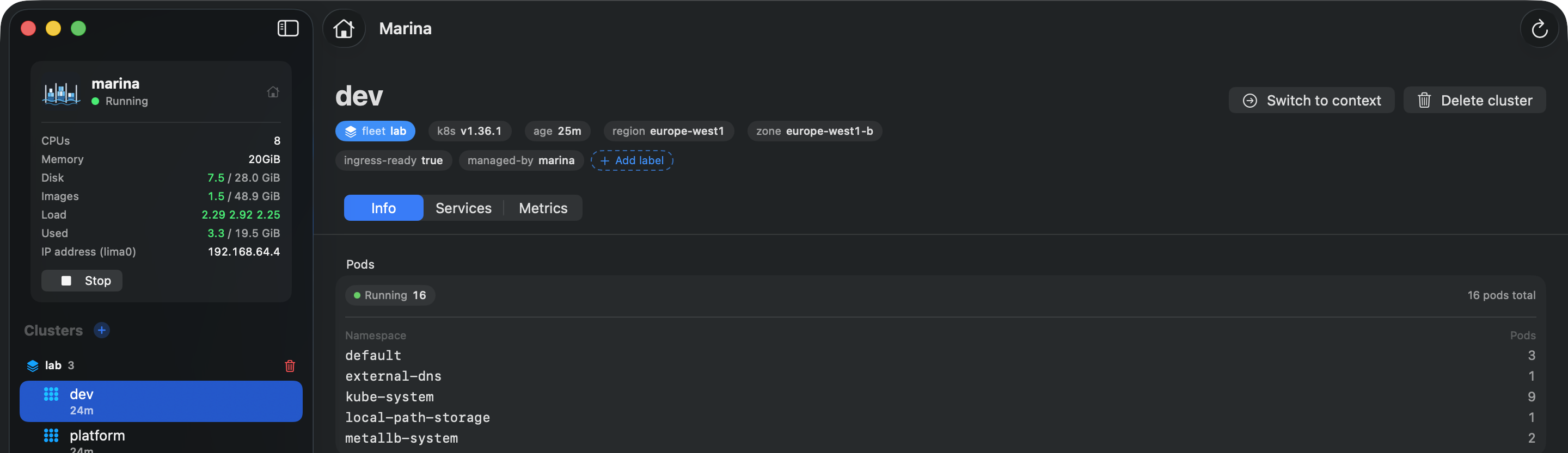 Marina UI cluster view: the dev cluster with its Kubernetes version, region and zone labels, pod counts per namespace, and node details