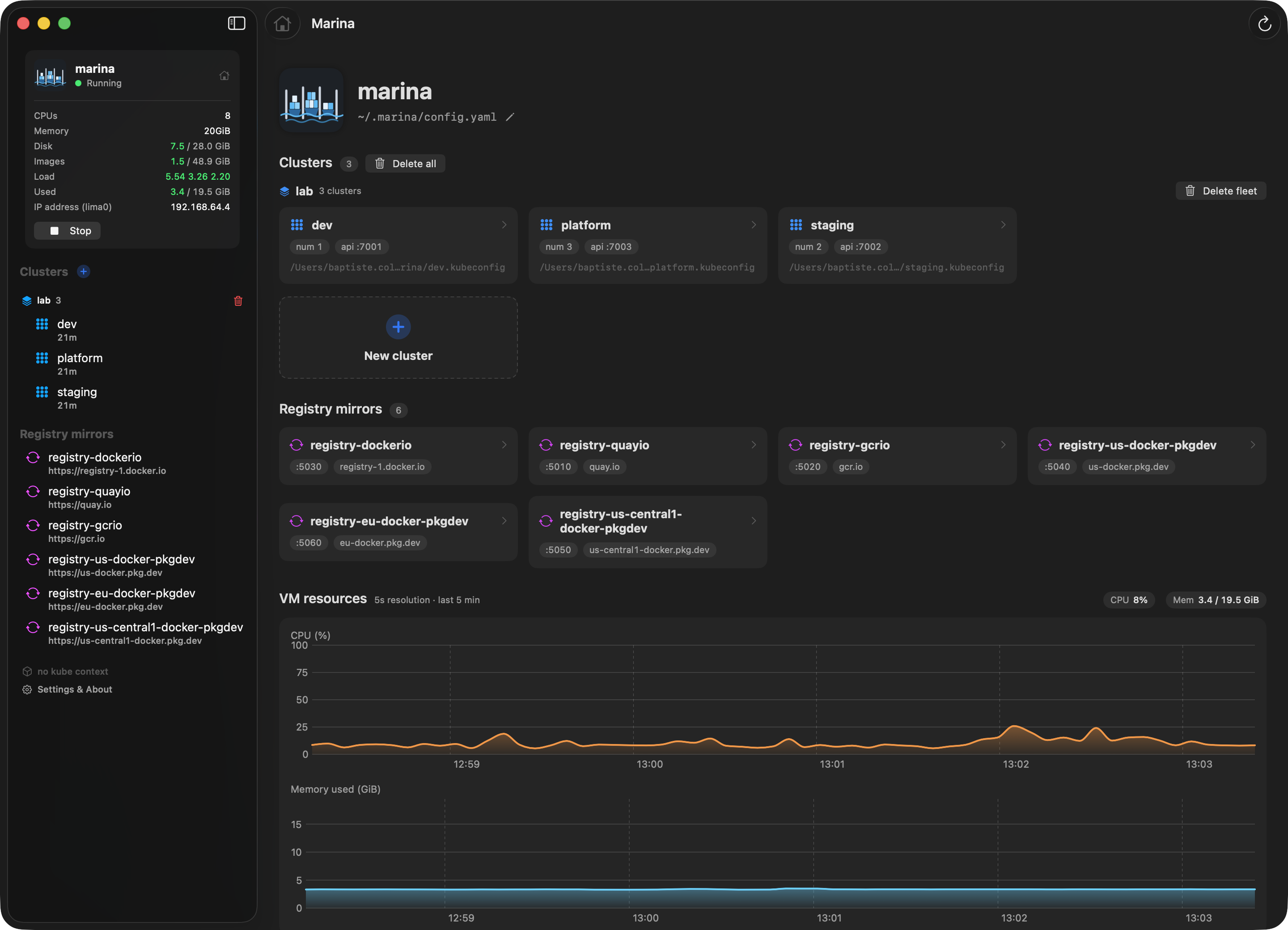 marina-ui home view: clusters grid, registry mirrors, and live VM CPU and memory charts in a native macOS window